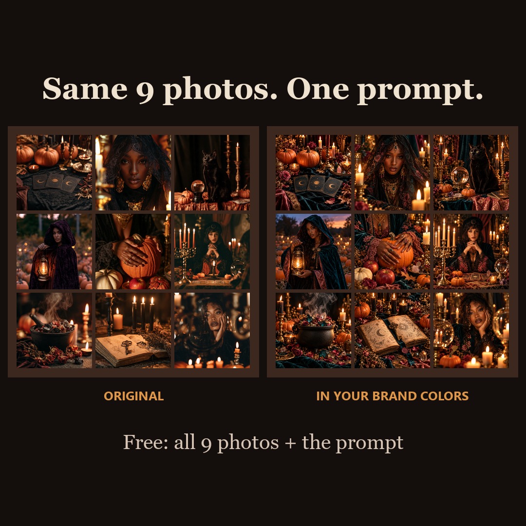 The nine Halloween photos side by side: the original black, orange and gold set, and the same nine scenes recolored in teal, rose and gold with one ChatGPT prompt.