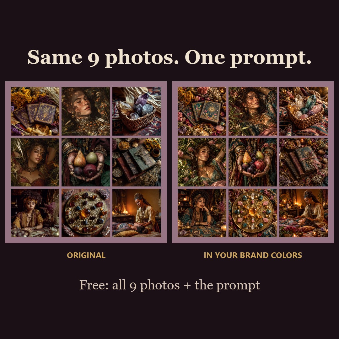The nine Harvest photos side by side: the original plum and gold set, and the same nine scenes recolored in pink, teal and gold with one ChatGPT prompt.
